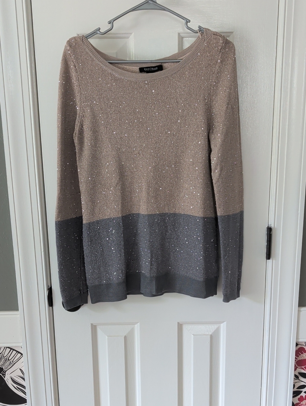 White House Black Market Taupe And Blue Knit Top with Sequins
